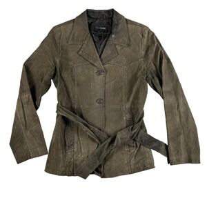 Vintage Outer Edge Coat Womens Large Brown Leather Belted Lined Mid Length